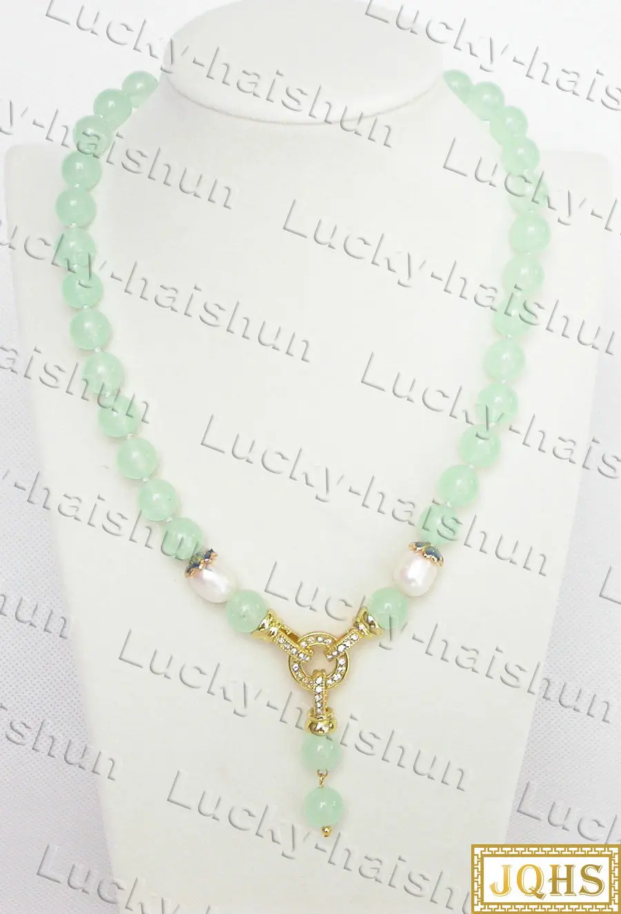 

44cm 10mm Round Light Grenn Jade Pearls Beads Pendant Necklace Filled Gold Clasp C625