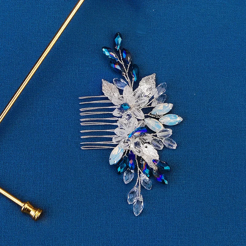 Dreamy Sapphie Blue Color Crystal Handmade Bridal Hair Comb Shiny Alloy Hairpin Clip Fashion Bride Wedding Hair Accessoreis