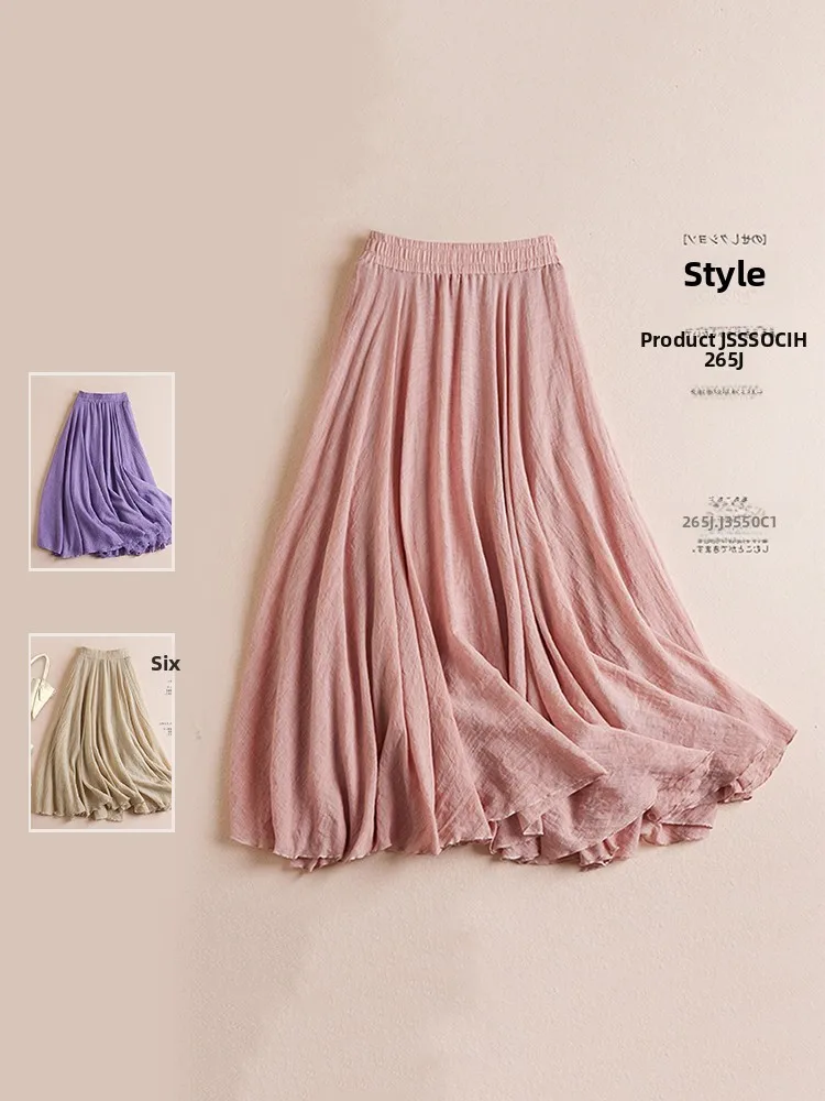 863874-da15c6.jpg plus Size Women's Cotton Lin Color High Waist Dra A-Line Long Skirt Summer New Sle Slimming Skirt Maxi Dr - Image 1