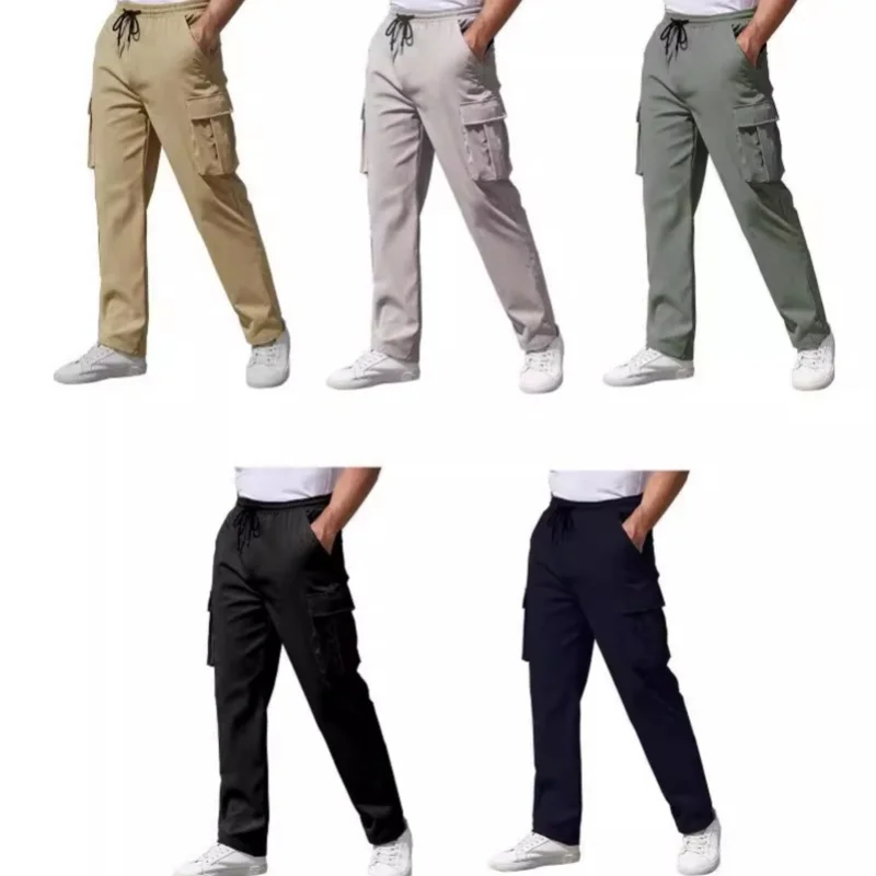 2024 Men's Summer New Workwear Pants Solid Color Drawstring Multi Pocket Straight Leg Pants Youth Casual Straight Leg Pants