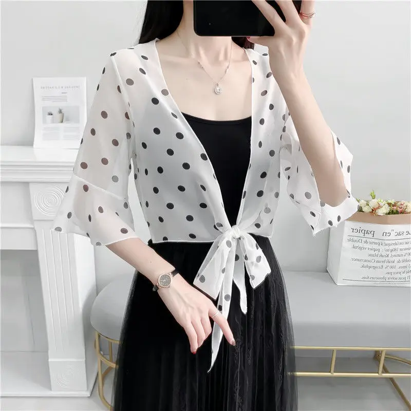 Fashion Printed Chiffon Loose Bandage Bow Polka Dot Shirt Female Clothing 2023 Spring New Casual Tops Flare Sleeve Sweet Blouse