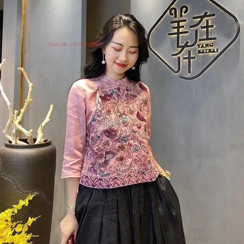 traditional chinese vintage blouse hanfu tops national flower embroidery improved qipao tops cotton linen cheongsam shirt