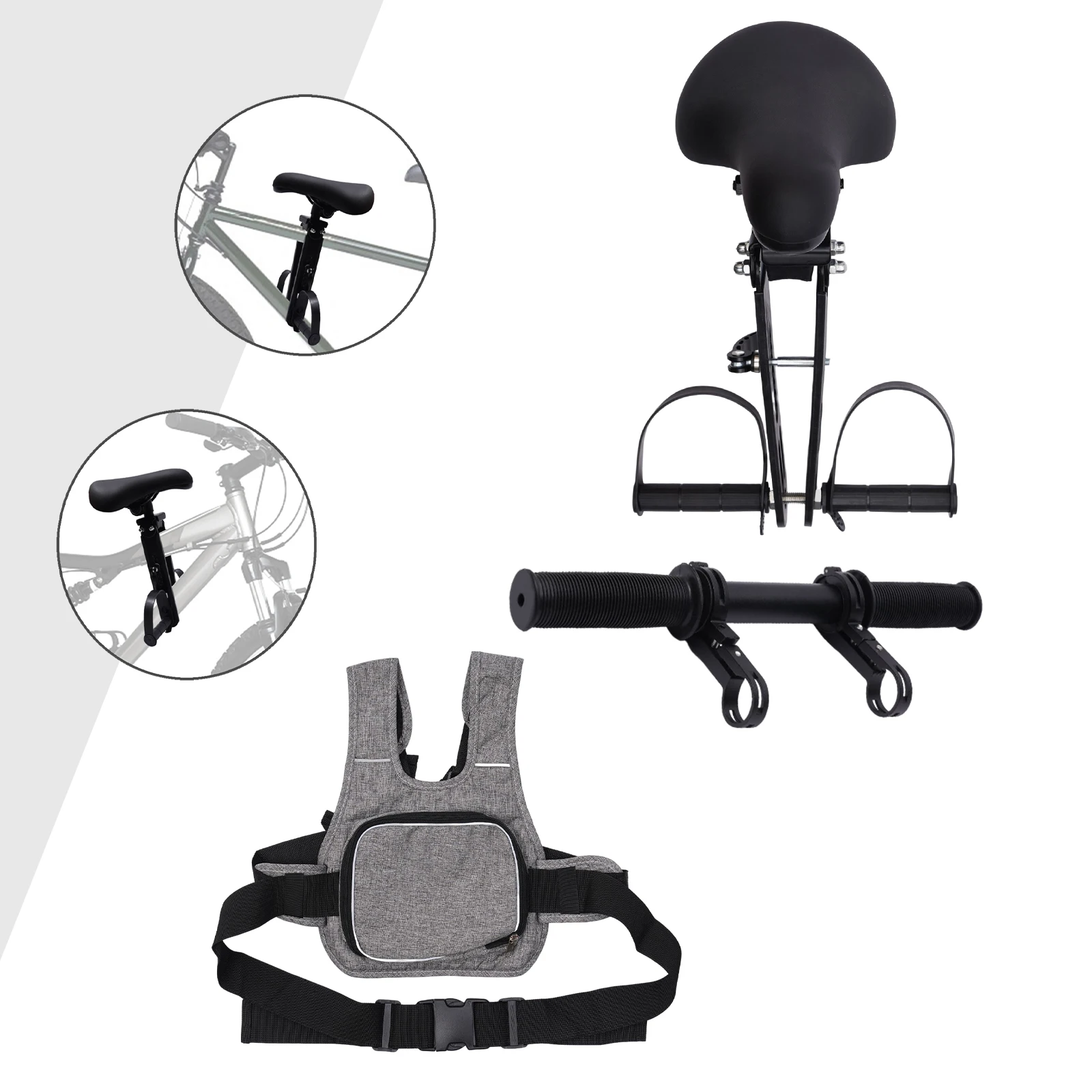 

Complete Set Front Mounted Bicycle Seats Kids Bike Seat and Handlebar Accessory Combo Pack for 3 to 6 Years Black