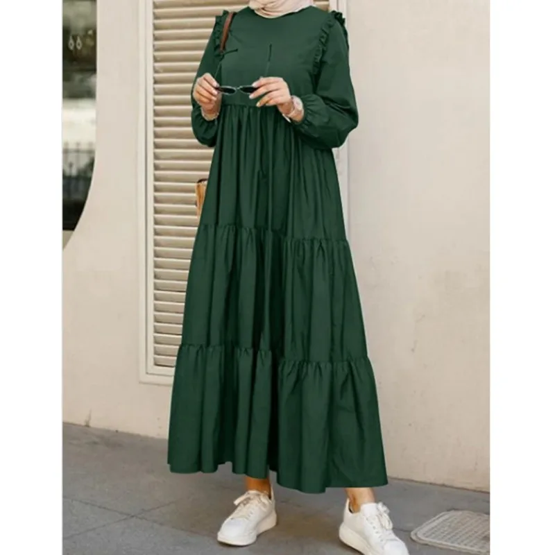 Wepbel Muslim Dress Abaya Ruffles Sleeves Pleated Robe Gown Caftan O-neck Long Women's Large Swing Dress Kaftan Islamic Clothing