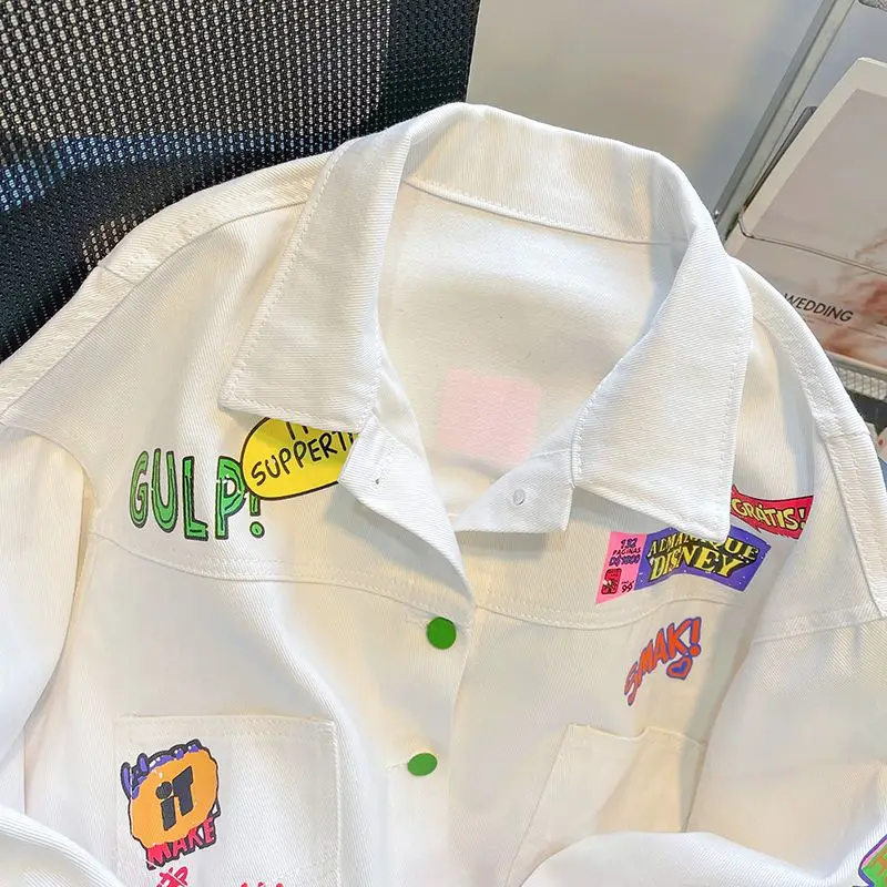 Spring and Autumn 2023 new  white loose denim coat  printed top high-end baseball woman  jackets for women  Thick （Winter)