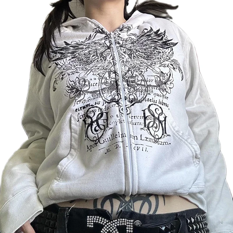 

E-girl Gothic Harajuku Mall Goth Hoodies 2000s Y2K Cyber Grunge Emo Zip Up Sweatshirts Vintage Graphics Print Coat Streetwear