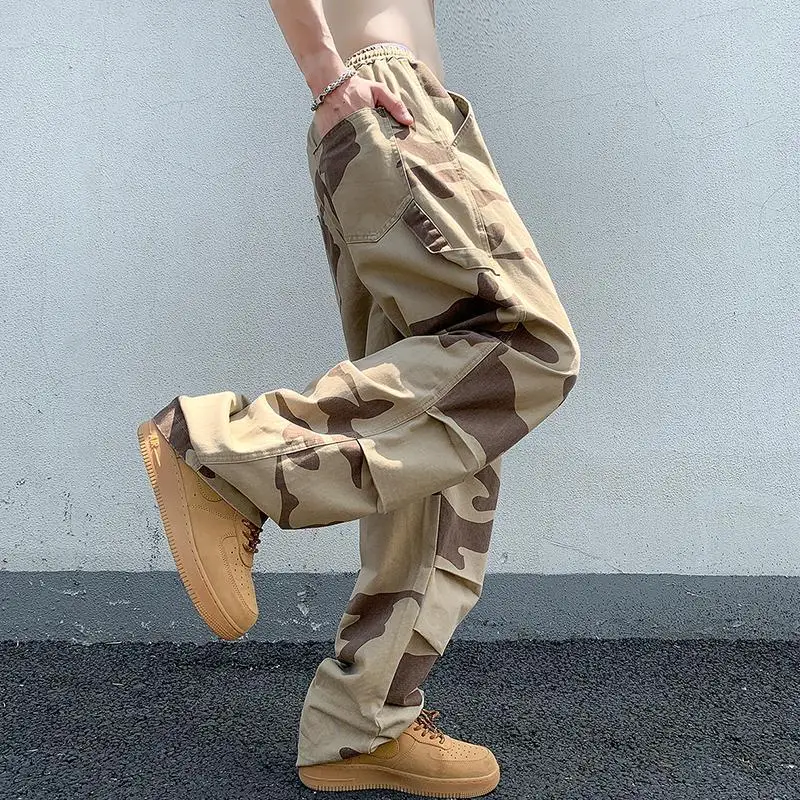American Trend Vintage Summer Casual Cargo Pants Men Print Elastic Waist Drawstring High Street Loose Straigh Wide Leg Trousers