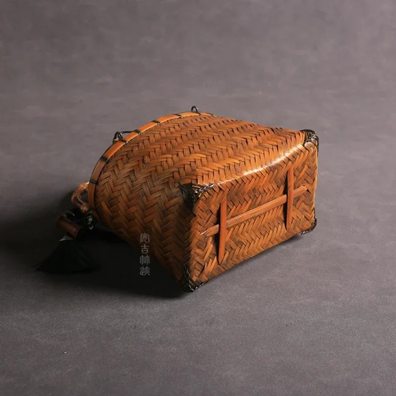 Retro Premium Woven Bag Tableware Storage Bundle Mouth Lining Style Handheld Basket Bamboo Women Bento Handle Organizer Pouch 5