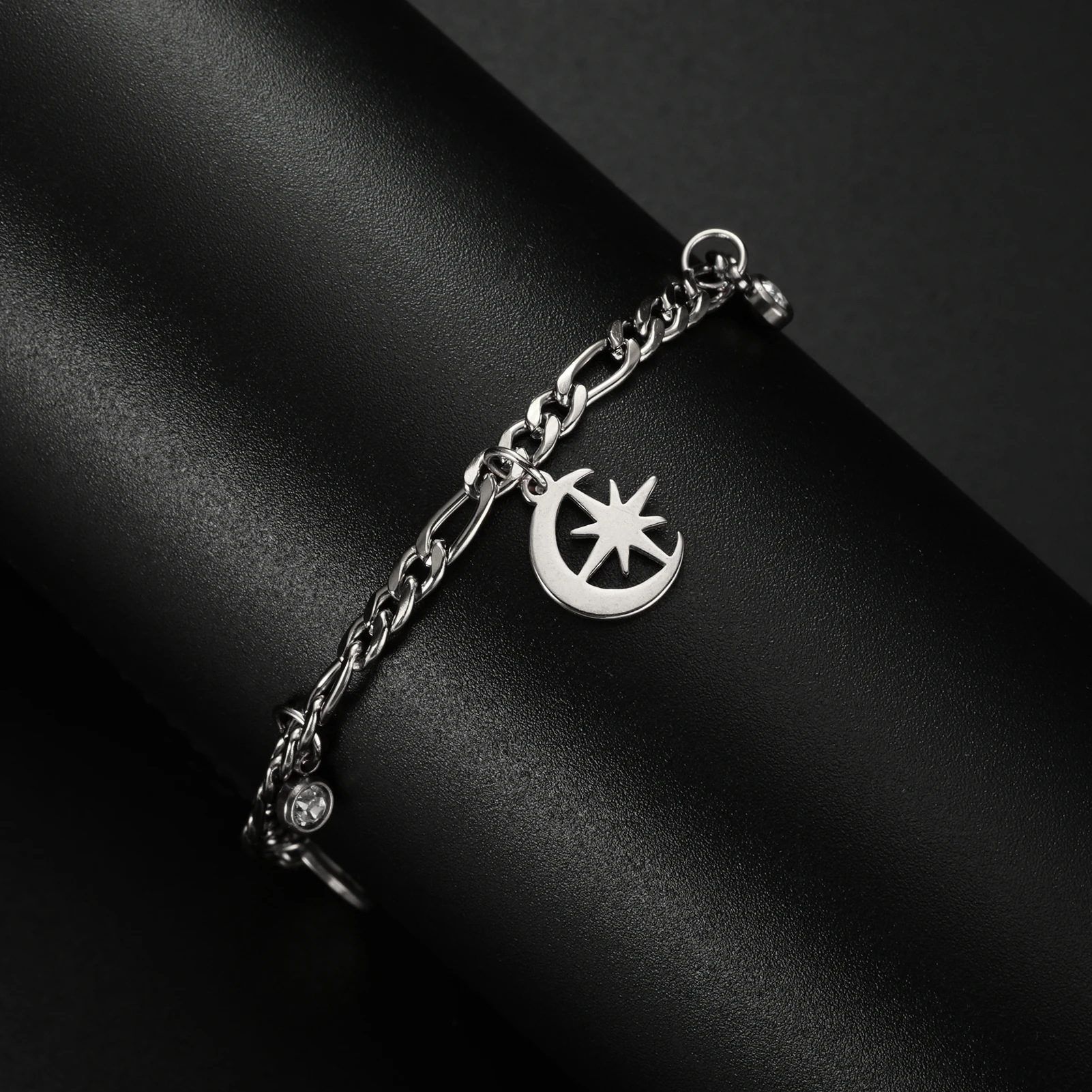 Kkjoy Böhmische Edelstahl-Klassische Stern-Mond-Fußkette Doppellagige Zirkon-Fußkettchen für Frauen Strand-Schmuck Großhandel – Detail 26