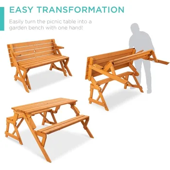 2-in-1 Transforming Interchangeable Outdoor Wooden Picnic Table Garden Bench for Backyard, Porch, Patio, Deck w/Umbrella 2