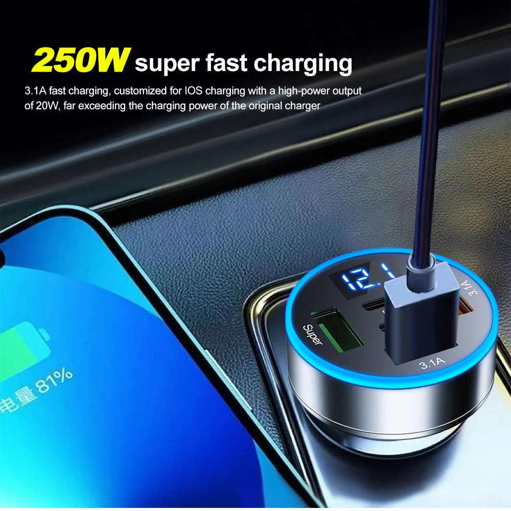 5 In 1 USB Fast Charging Dual PD Port QC3.0 Car Phone Charger Adapter With Voltage Display For IPhone Samsung Huawei_voghion.com