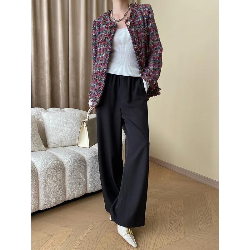 Women French Red Plaid Tweed Coat High Quality Vintage Korean Fashion Tassels Loose Casual Elegant Office Small Fragrance Jacket