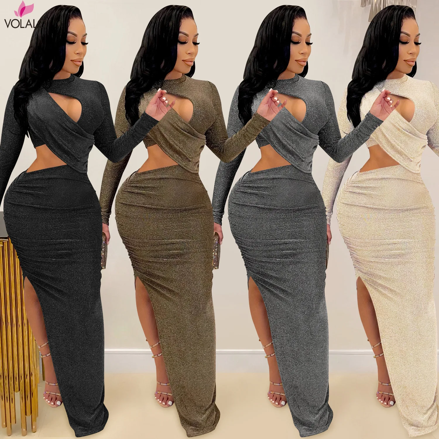 

Elegant Glitter Solid Ruched Long Women Dress Sexy Cut Out O Neck Long Sleeve High Slit Evening Club Party Dress Robe Christmas