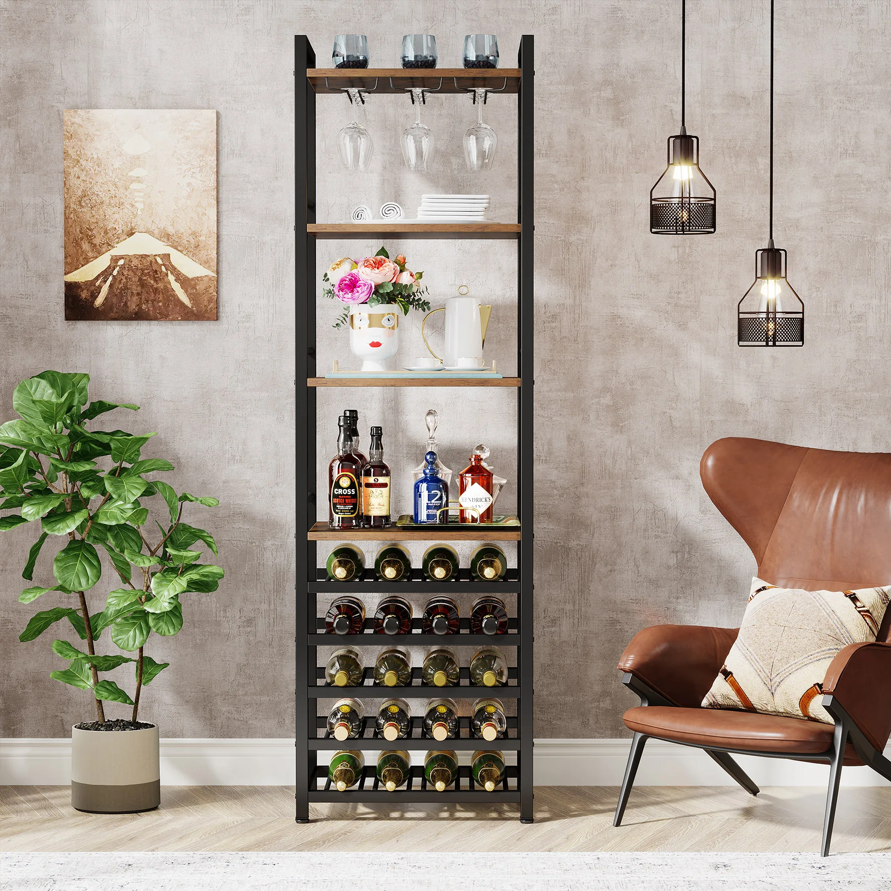 Tribesigns 20 Bottle Wine Bakers Rack, 9 Tier Freestanding Wine Rack with Glass Holder and Storage Shelves