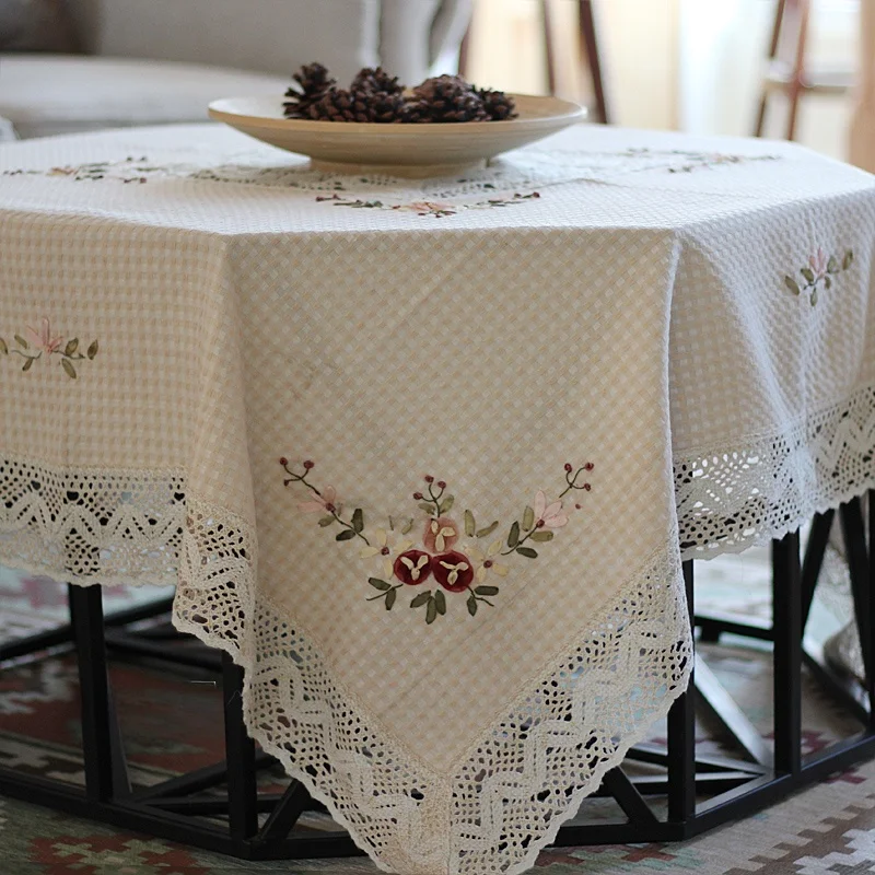 Pure Cotton Handmade Ribbon Embroidered Tablecloth Rectangular Tea Table Towel Square Cover Cloth Country Sle Home Fabric
