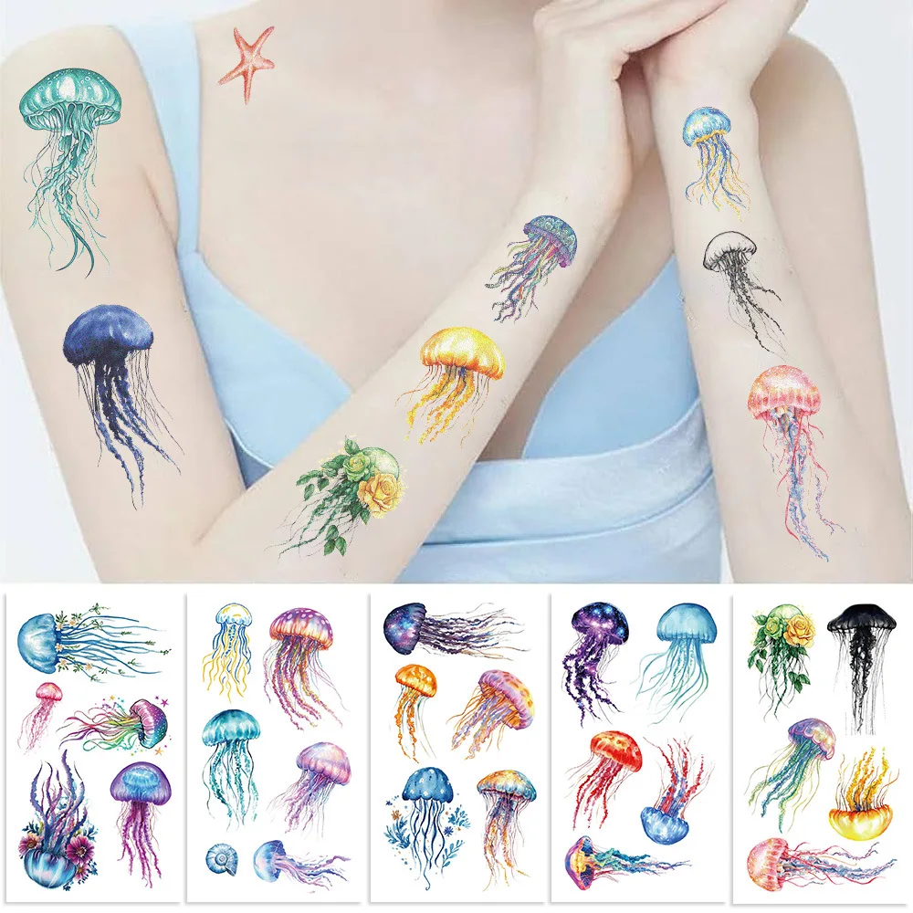 10Pcs/set Color Jellyfish Temporary Tattoo Stickers Cartoon ocean jellyfish  Waterproof Tattoo For Funny Party Gift - AliExpress, image size:1000x1000