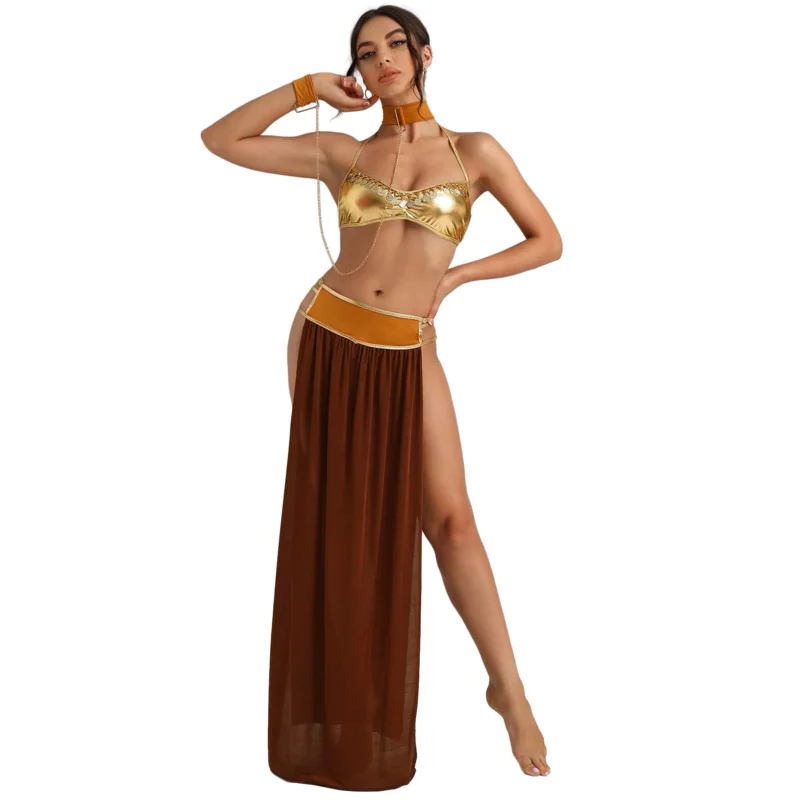 

Женский сексуальный бюстгальтер принцессы Leia Slave из лакированной кожи, женское длинное Сетчатое платье с разрезом, Комплект эротического нижнего белья, нарядное платье на Хэллоуин