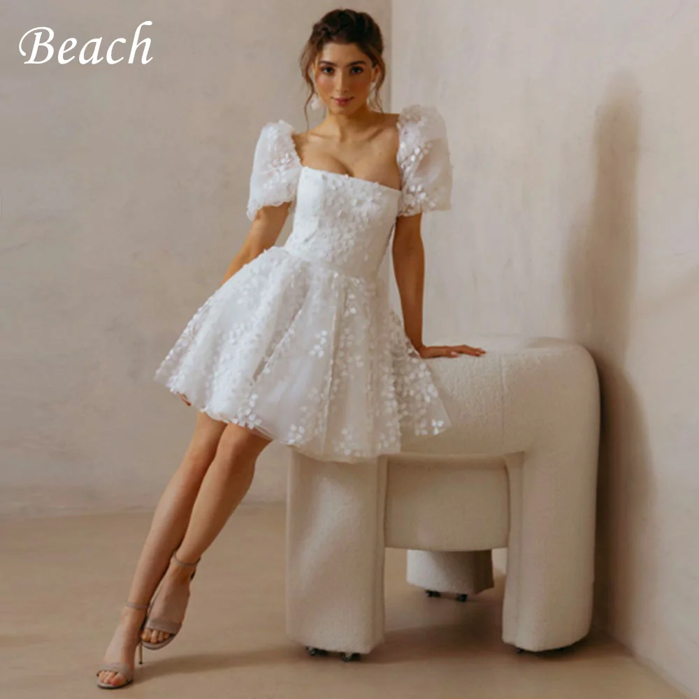 

Beach Elegant Square Collar Short White Wedding Dress 2023 Lace Appliques Puff Sleeves A Line Simple Bridal Gown Robe De Mariee