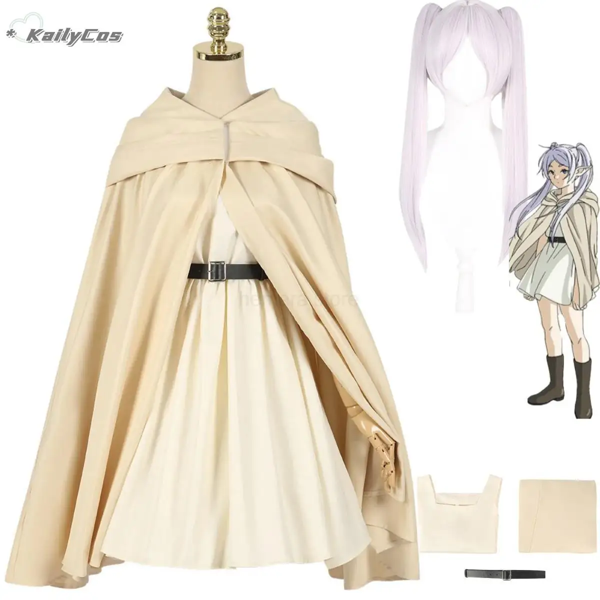 

Anime Frieren Beyond Journey's End Frieren Cosplay Costume Wig Beige Dress Cloak Elf Ears Earrings Halloween Party For Women Cos