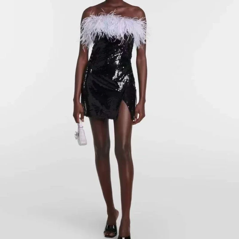 

High Quality Women 2024 New Arrival Spring Summer Black Fur Chest Sequins Sleeveless Slit Hem Mini Dress