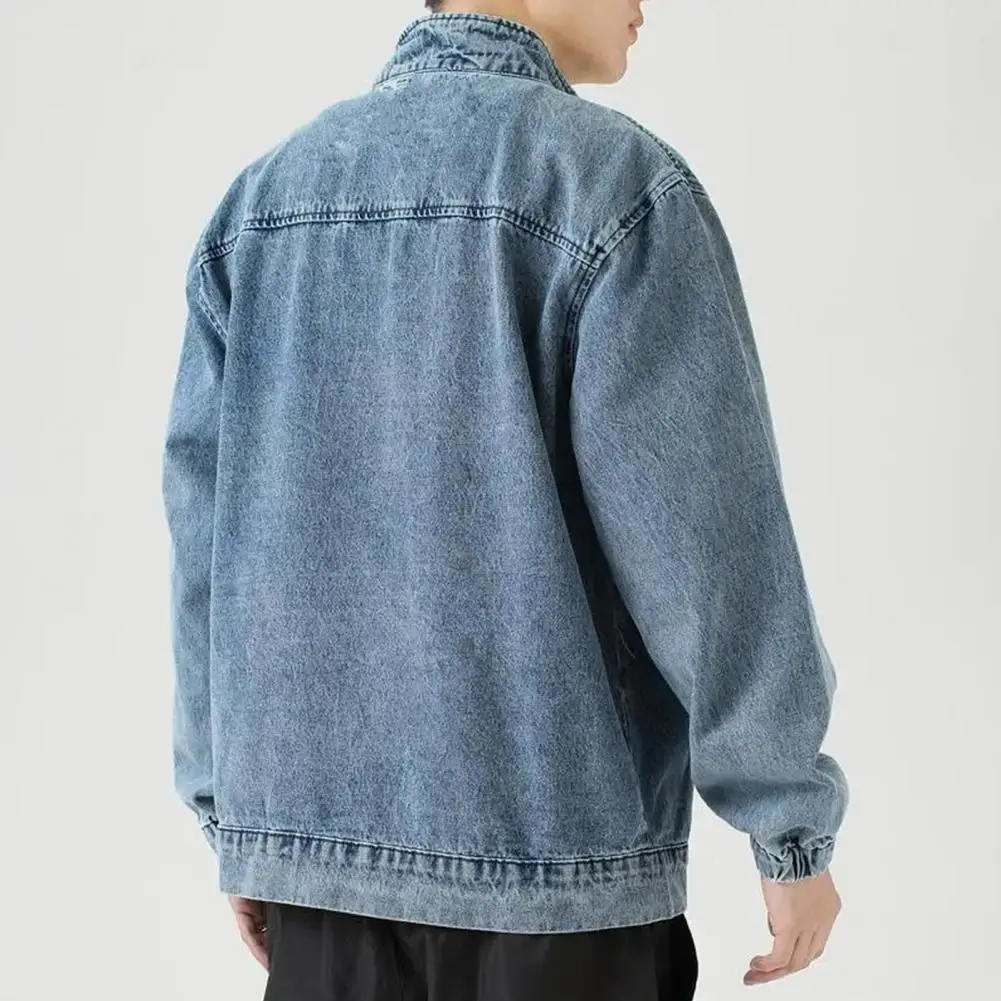 Casual Men Clothing Versatile Men's Denim Jacket Lapel Long Sleeve Coat with Pockets Zipper Placket Loose Fit Solid Color