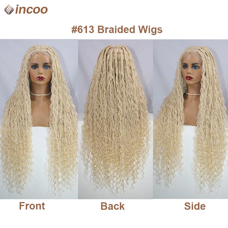 Blonde Bohemian Box Braids Wigs With Curly Hair Synthetic Braid Lace Frontal Wigs Goddess Locs Braided Wigs Burgundy Hair 32