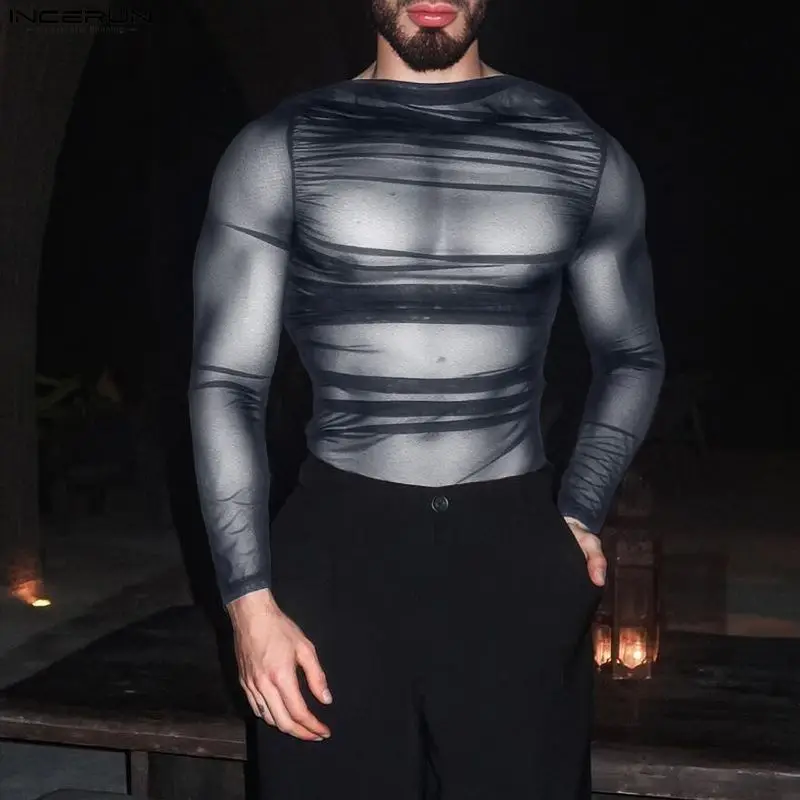 INCERUN Herren T-Shirt Mesh Transparent Sexy O-Ausschnitt Langarm Tee Tops Herren Streetwear Camisetas Plissiert 2026 Party Herrenbekleidung – Detail 7