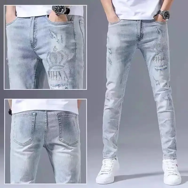 Fashion Stretch Denim Jeans Men's Spring Autumn Ripped Retro Hot Drill Embroidery Slim Small Feet Blue Versatile Long Pants