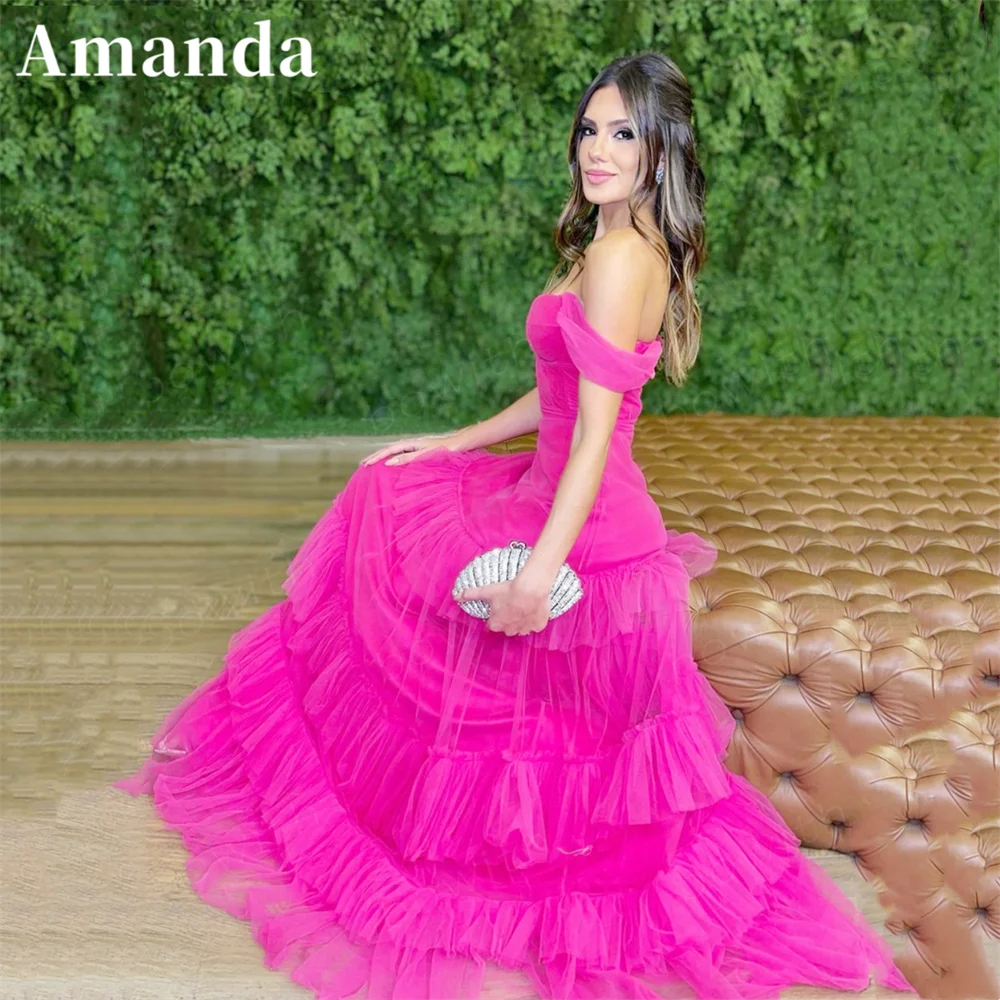 

Amanda Sweetheart Off Shoulder Vestidos De Noche Boho Hot Pink فساتين مناسبة رسمية Elegant Multi-layer Tulle Prom Dress 2023