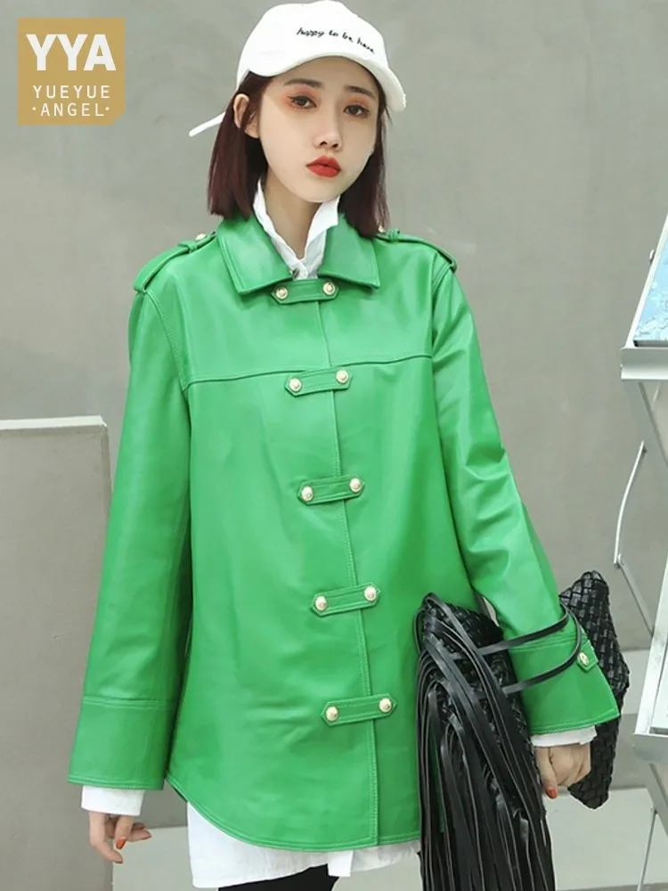 

Autumn Women Loose Fit Midi Sheepskin Genuine Leather Jacket Female Casual Outwear Coat Designer Buttons Spring Leather Jackets