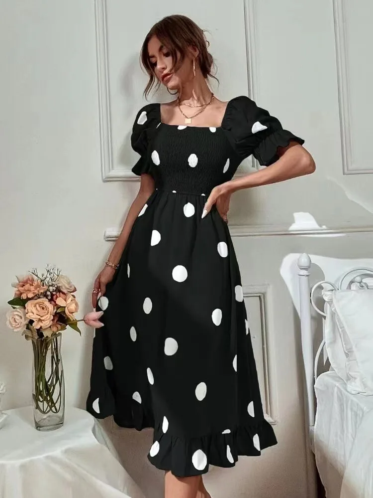 

Polka Dot Print Maxi Dress For Women's Summer Fashion Elegant Short Sleeve Long Dresses Women 2023 Summer Casual Slim Vestidos