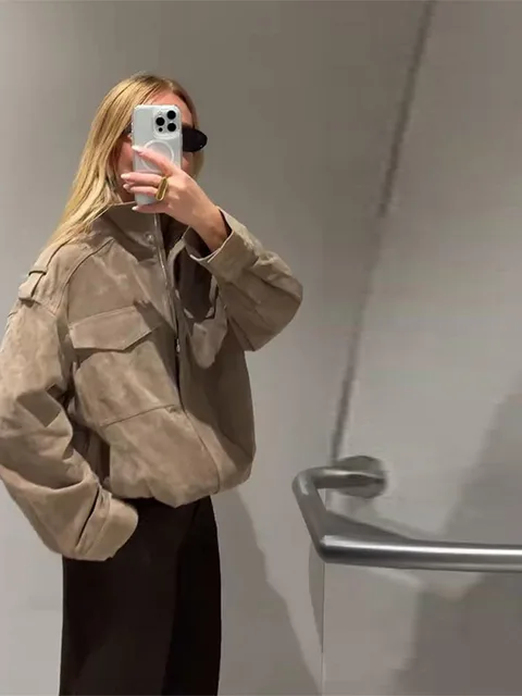 Elegant Solid Suede Coats Women Turn-down Collar Full Sleeve Zipper Pocket Jackets 2025 Autumn Female Fashion Outerwear 4