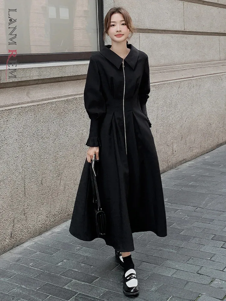 

LANMREM Women French Long Dress With Sleeves Lapel Zipper Design Solid Color A-line Dresses Fashion 2024 New Clothing 2Z1277