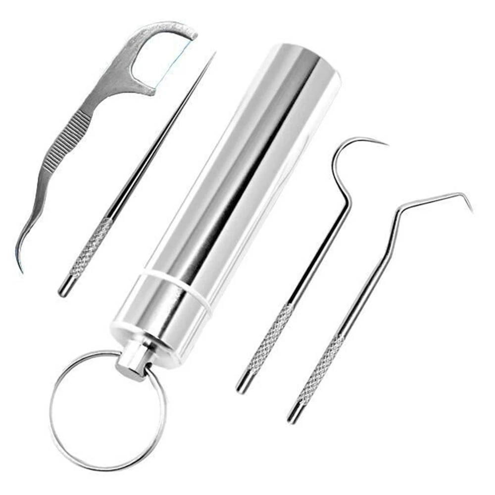 Dental Floss Stick Dental Floss Sticks Dental Cleaning Tools 1 Set Toothpick Set Metal Stainless Steel Oral Cleaning Tooth Flossing Portable Toothpick Floss Teeth Cleaner Storage Tube