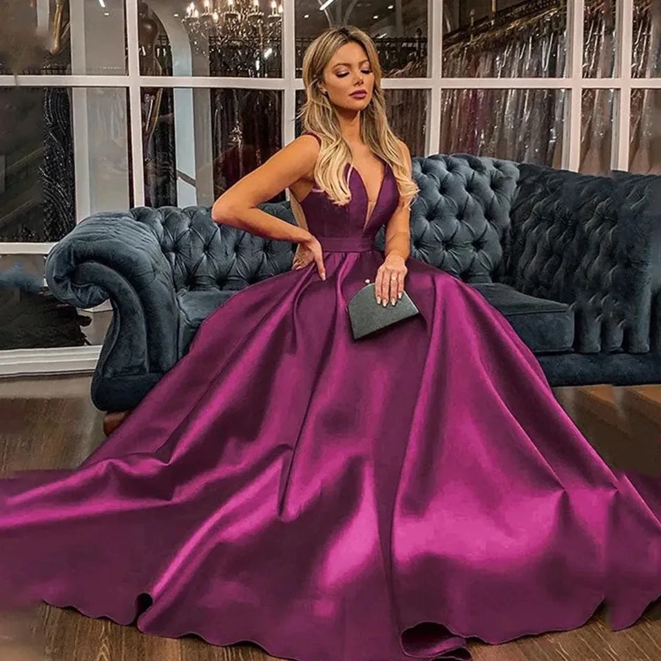 

Candy Color Evening Dresses Sexy V Neck Draped Smooth Satin Ball Gowns Woman's Formal Bride Beach Party Vestidos فساتين سهرة