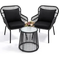 3 Piece Rattan Wicker Bistro Set, Outdoor Conversation Furniture Set with Glass Top Table, Space Saving for Balcony, Backyard 1