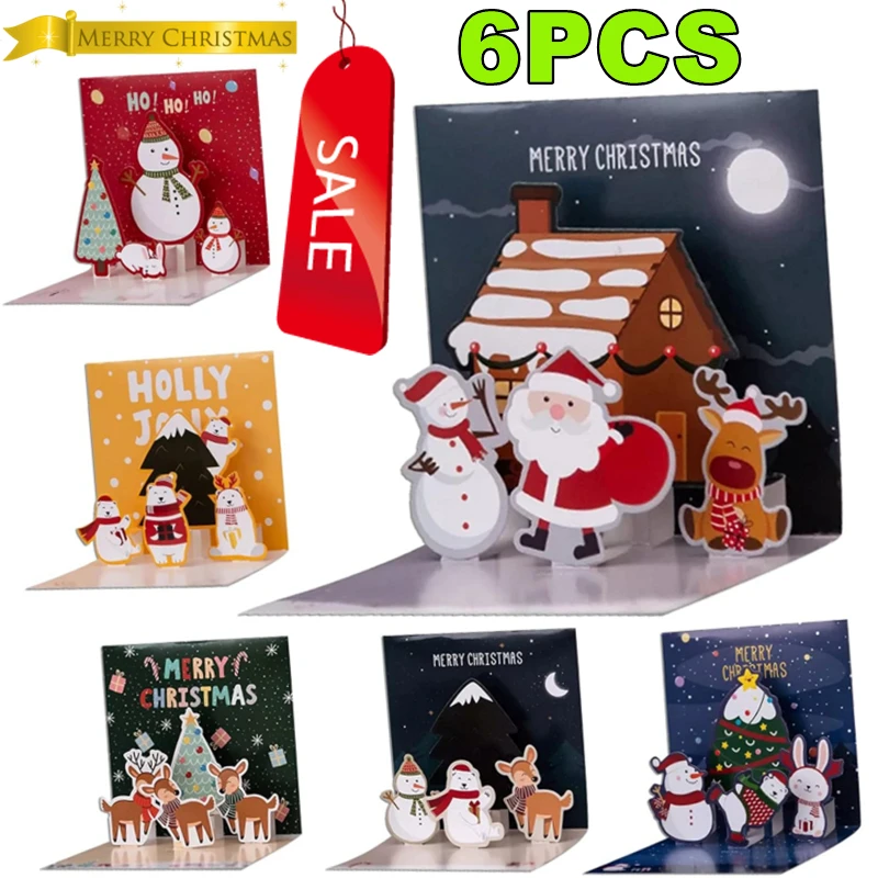Merry Christmas Cards 3D Pop-up Greeting Cards Envelope Santa Claus Snowman Laser Xmas Happy New Year Greeting 6/1PC