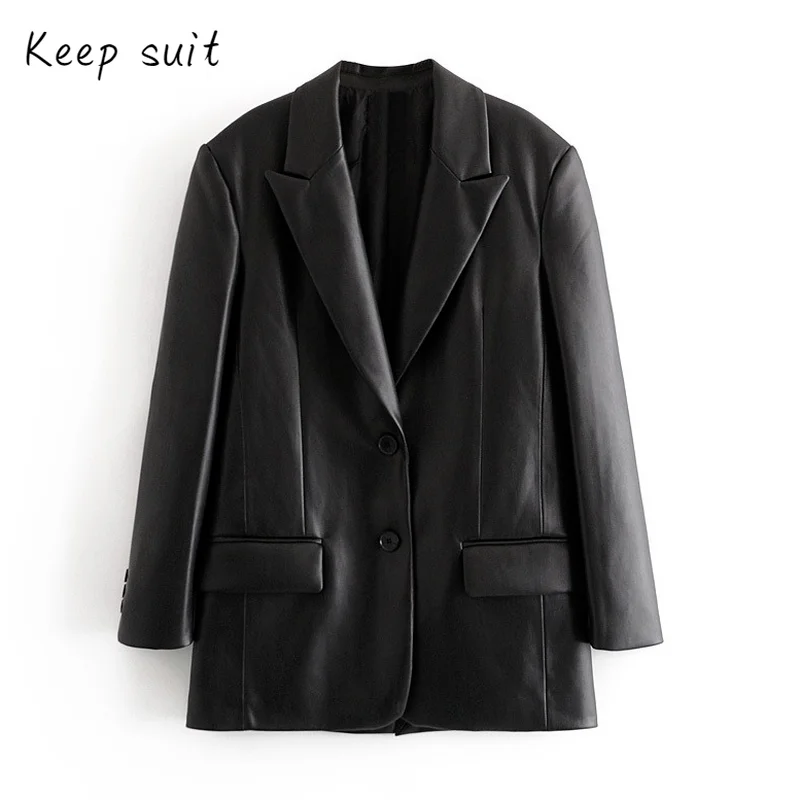Elegant Black PU Blazer Female Fake Pocket Casual Long-sleeved Single Button Office Autumn and Winter Ladies Korean Blazer 2022