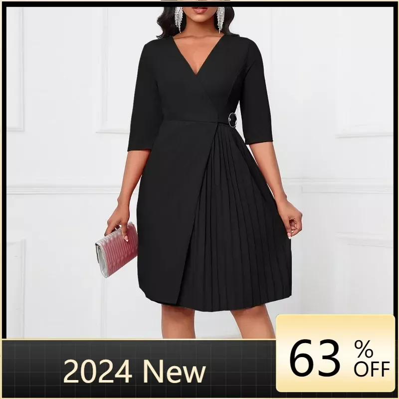 

Однотонное женское Плиссированное офисное платье с V-образным вырезом и рукавом до локтя, элегантный облегающий Африканский женский деловой наряд, Новинка лета-осени 2024