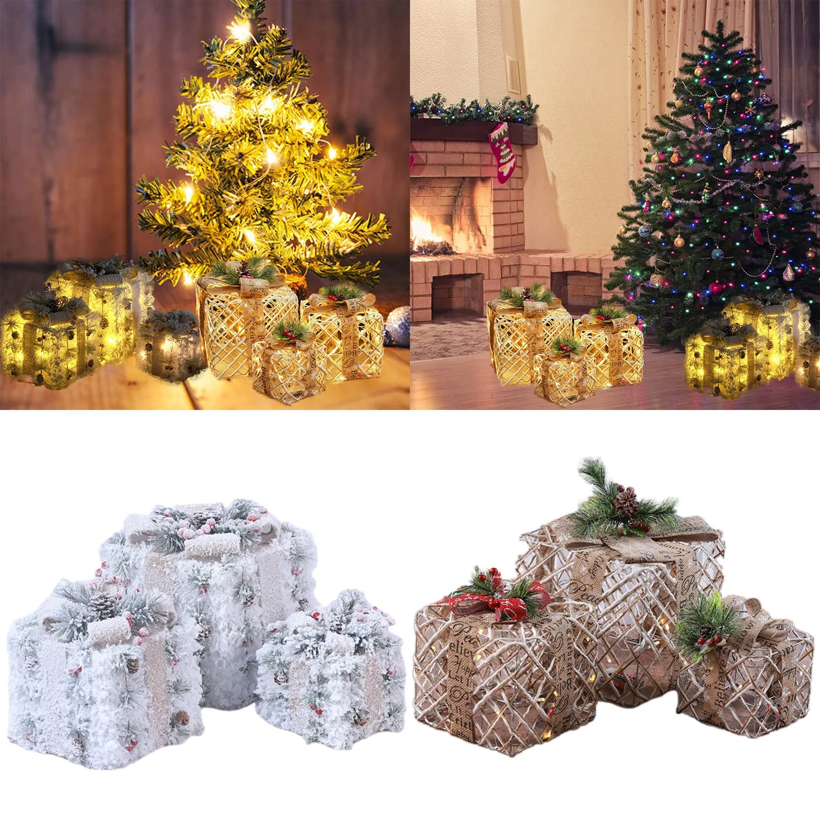 

Set Of 3 Christmas Lighted Gift Boxes Pre Lit LED Light Up Present Boxes Ornament Outdoor Warm White Boxes Decoration For