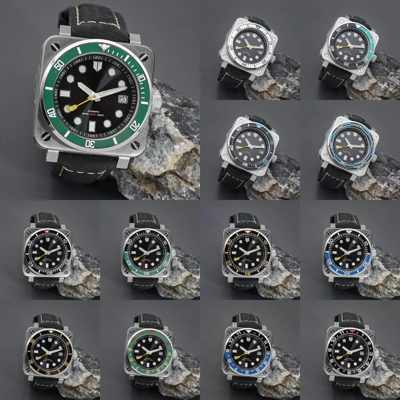 

SKX007 Square Pilot Cockpit Silver Men Watch NH35 NH36 Movement Sapphire Glass Luminous Bezel Insert Leather Strap Diving Watch