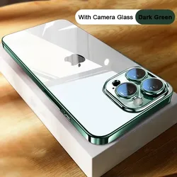 High Quality Plating Clear Phone Case with Full Lens Protection - Soft TPU Shockproof Back Cover - iPhone 13 Pro Max (Dark Green)