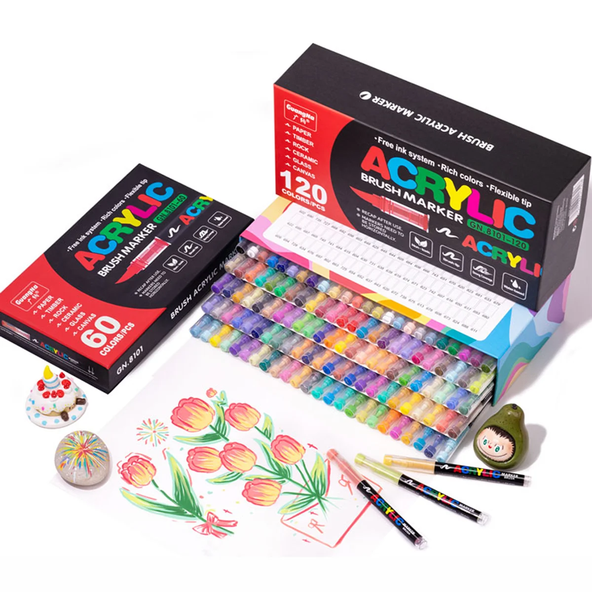 Gelanty Acrylverfpennen, 72 kleuren verfmarkers met flexibele penseelpunt, directe vloeibare acrylpennen voor rotsschilderen, keramiek, hout, glas