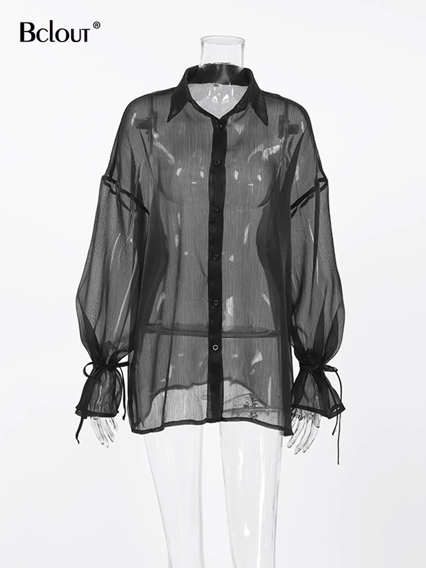 Bclout Fashion Organza Black Shirts Blouses Women 2024