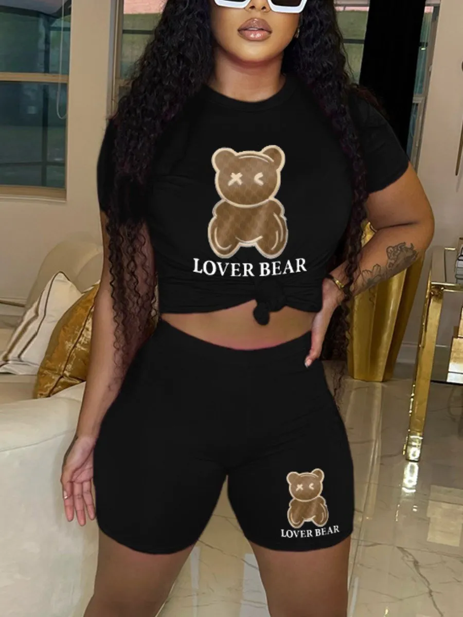 LW Lover Bear Letter Print Shorts Pullover Short Sleeve O Neck Black Short Pants Sets Women Summer Casual 2pcs Outfits