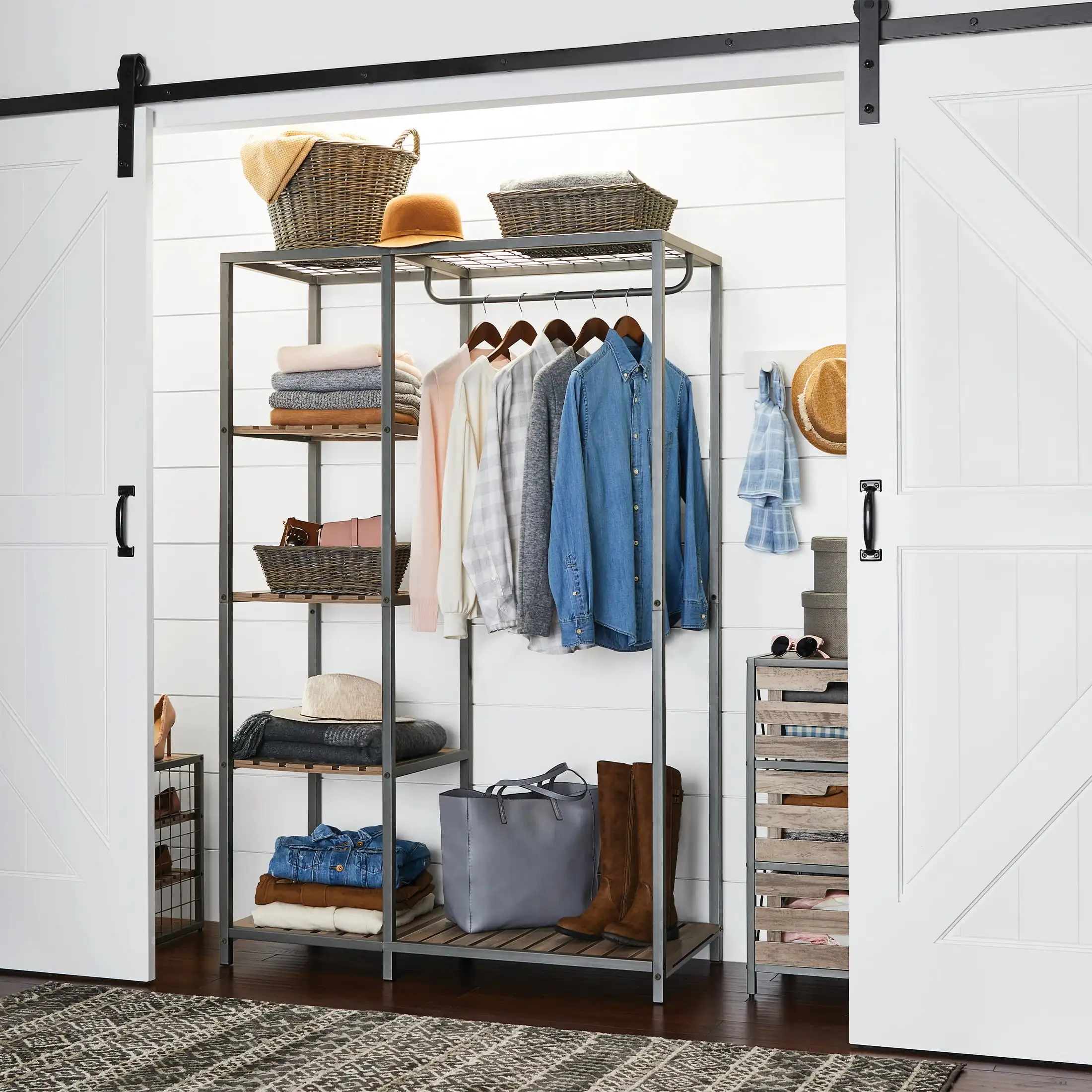 

Better Homes & Gardens Farmhouse Gray Wood and Metal Garment Rack
