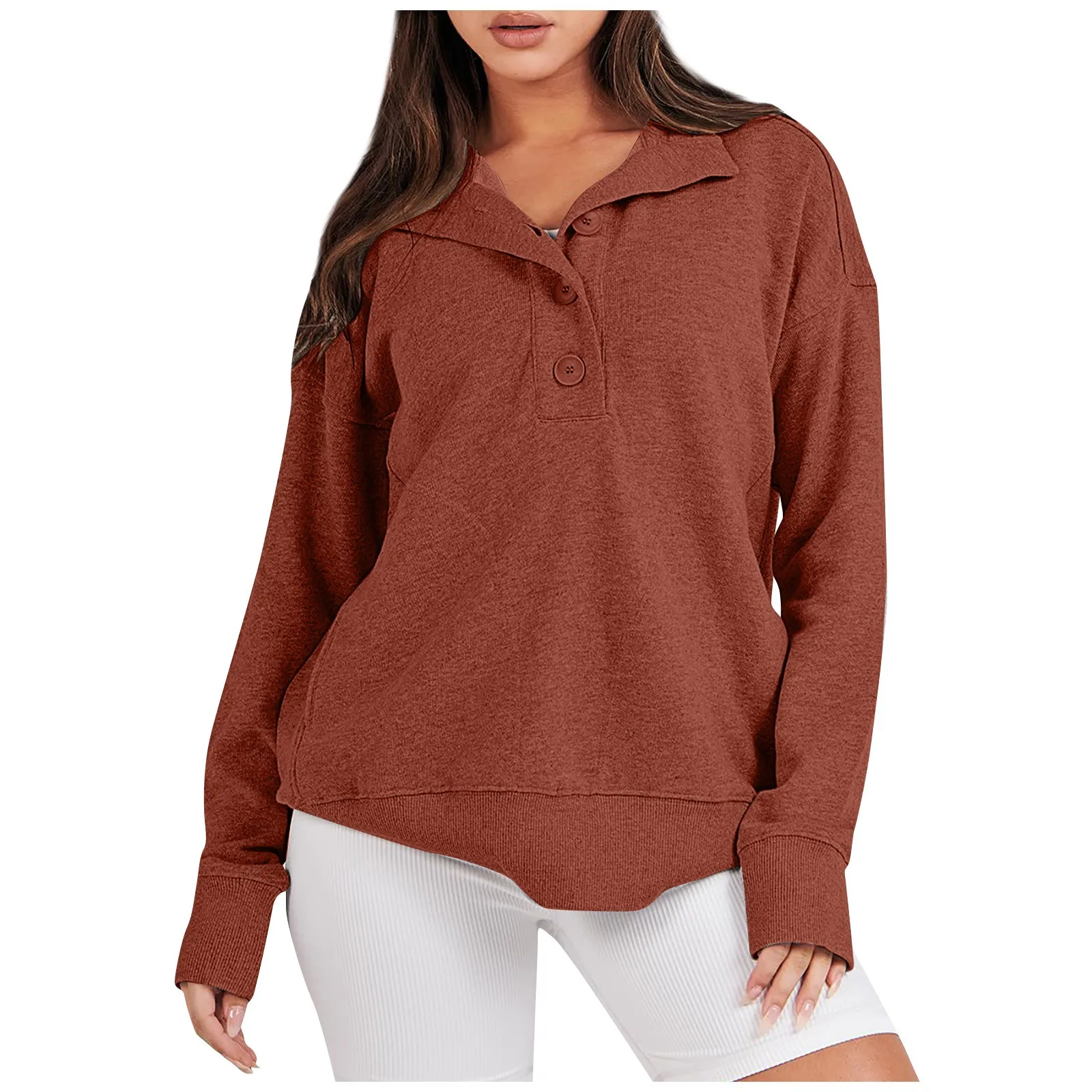 

Женский модный однотонный свитшот на пуговицах с V-образным вырезом и длинным рукавом с карманами, новинка 2023