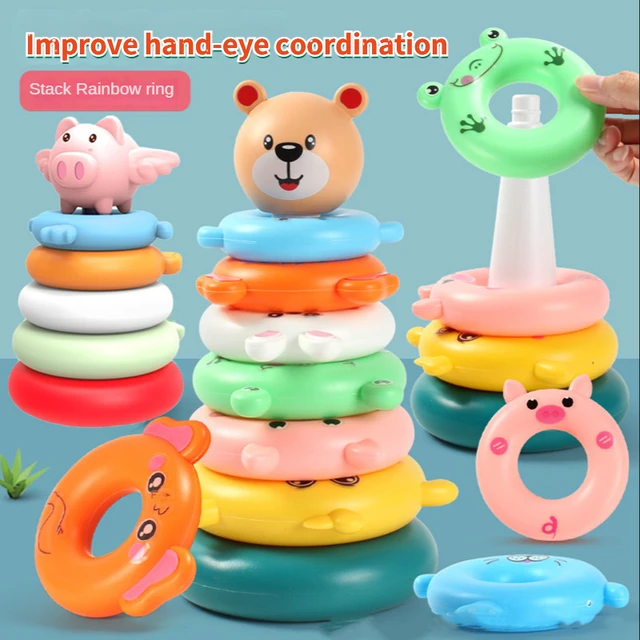 Children's Little Yellow Duck Montessoris Rainbow Tower Stacking Circle Baby Early Childhood Education Puzzle Ring Toy Kids Toys 1