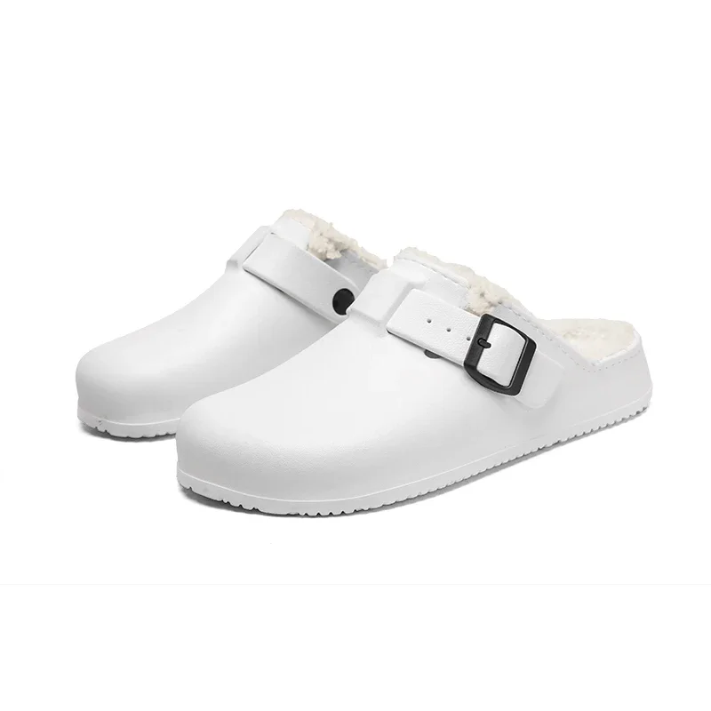 Men's Slippers EVA Winter Plush Warm Waterproof Oil-proof Chef Shoes Non-slip Kitchen Work Shoes Couple Home Soft Sole