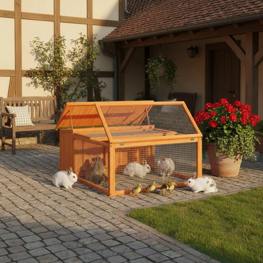 Kaninchenstall braun 117,5x97x47,5 cm aus massivem Kiefernholz, wasserdichtes Dach, belüftetes Gitter für Kaninchen und Kleintiere – Detail 3